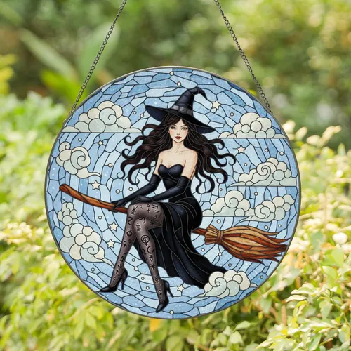 Young Witch Broomstick Dark Hat Celestial Clouds Stars - Home Decor Gift Stained Glass Suncatcher