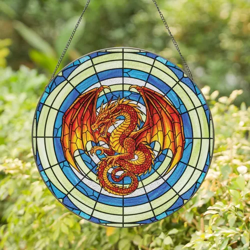 Fiery Snarling Dragon Outstretched Wings Coiled Body - Home Decor Gift for Dragon Lover Stained Glass Suncatcher