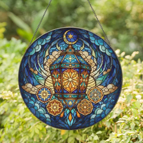 Hexagonal Arabian Lantern Crescent Moon Teardrop Swirling Clouds - Home Decor Gift Stained Glass Suncatcher