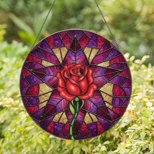 Red Rose Spiraling Petals Six Pointed Star - Home Decor Gift for Gardeners & Plant Lovers Stained Glass Suncatcher