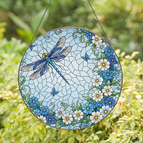 Dragonfly Cobalt Blue White Floral Butterfly Mosaic - Home Decor Gift for Garden & Wildlife Lover Stained Glass Suncatcher