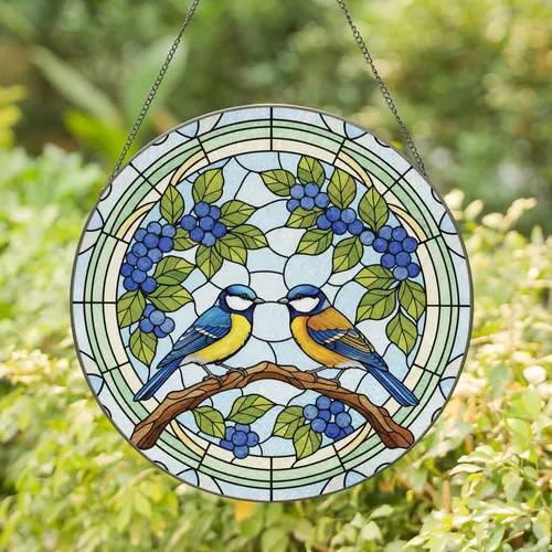 Blue Yellow Tit Birds Branch Berries - Bird Lover Home Decor Gift Stained Glass Suncatcher