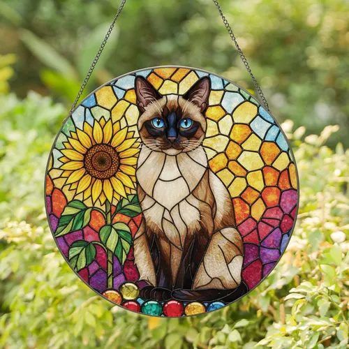 Siamese Cat Sunflower Mosaic - Home Decor Gift for Cat Lover Stained Glass Suncatcher