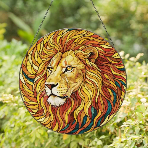 Majestic Lion Head Profile Golden Eye Segmented Mane - Home Decor Gift for Wildlife Lover Stained Glass Suncatcher