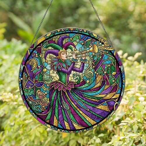 Jester Figure Golden Trumpet Mardi Gras Costume - Celebration Home Decor Gift Stained Glass Suncatcher