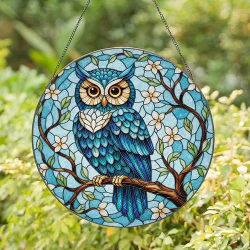 Ornate Blue Teal Owl Golden Eyes Perched Branch Floral Background - Wildlife Lover Home Decor Gift Stained Glass Suncatcher