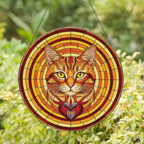 Tabby Cat Heart Shape Concentric Rings Square Home Decor Gift for Cat Lover Stained Glass Suncatcher