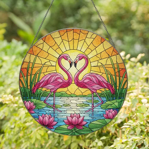 Pink Flamingos Lotus Pond Sunset - Home Decor Gift for Bird Lover Stained Glass Suncatcher