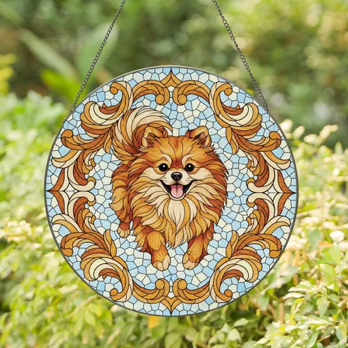 Pomeranian Dog Leaping, Black Eyes Pink Tongue - Home Decor Gift for Pomeranian Lover Stained Glass Suncatcher