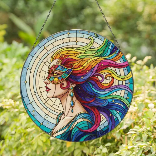 Masquerade Woman Profile Portrait Colorful Wavy Hair Star Background - Luminous Home Decor Gift Stained Glass Suncatcher