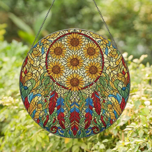 Dreamcatcher Blooming Sunflowers Ornate Feathers Leaves - Home Decor Gift for Garden Lover Stained Glass Suncatcher
