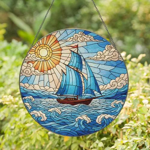 Reddish Hull Blue Sailboat Rolling Ocean Waves Setting Sun Wispy Clouds - Home Decor Gift Stained Glass Suncatcher
