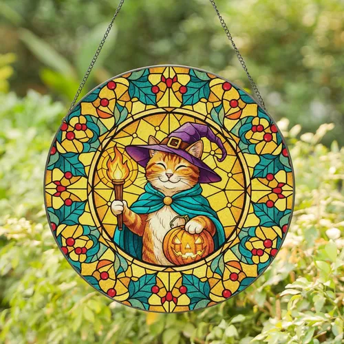 Tabby Witch Cat Jack-o'-lantern - Halloween Home Decor Gift for Cat Lover Stained Glass Suncatcher