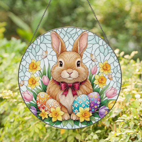 Fluffy Bunny Bow Tie Easter Eggs Spring Flowers - Easter Home Decor Gift for Bunny Lovers Stained Glass Suncatcher