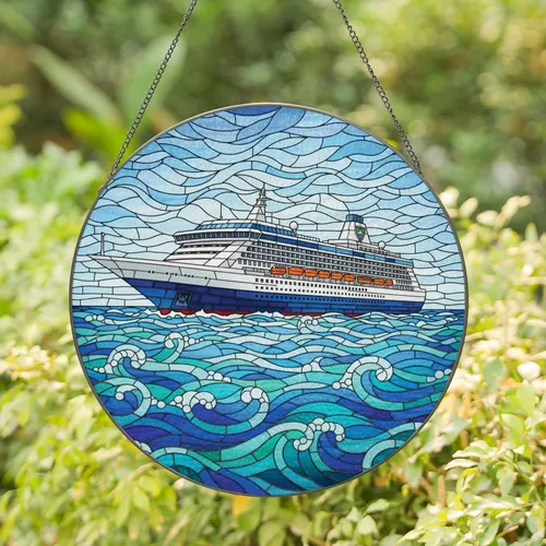 Luxury Cruise Ship Ocean Waves Sky Mosaic - Home Decor Gift for Ocean Lovers Stained Glass Suncatcher