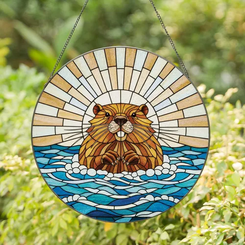 Beaver Water Ripples Halo - Home Decor Gift for Wildlife Lover Stained Glass Suncatcher