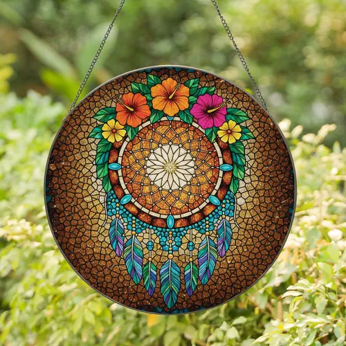Dreamcatcher Star Feathers Hibiscus Daisy Flowers Beaded Strings - Boho Home Decor Gift Stained Glass Suncatcher