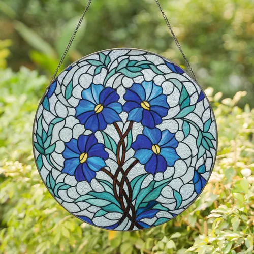 Four Large Blue Flowers Shimmering Glass Mosaic - Home Decor Gift for Garden Lover Stained Glass Suncatcher