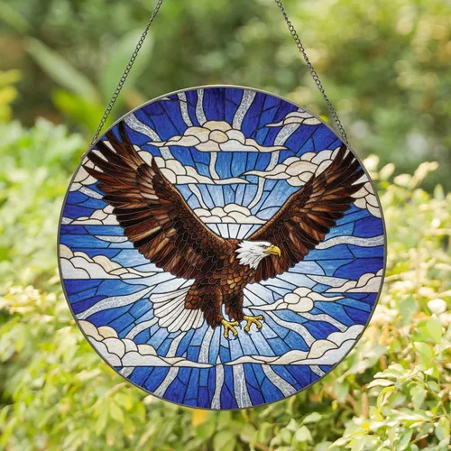 White Head Bald Eagle Soaring Blue Sky Clouds - Wildlife Lover Home Decor Gift Stained Glass Suncatcher