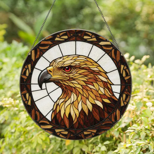 Eagle Head Profile Stained Glass Mosaic - Gold Feather Wildlife Lover Home Decor Gift Stained Glass Suncatcher