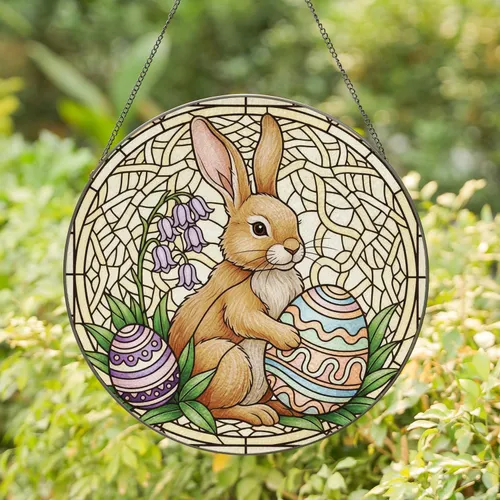 Fluffy Rabbit Pastel Easter Eggs Floral - Spring Easter Celebration Gift Stained Glass Suncatcher