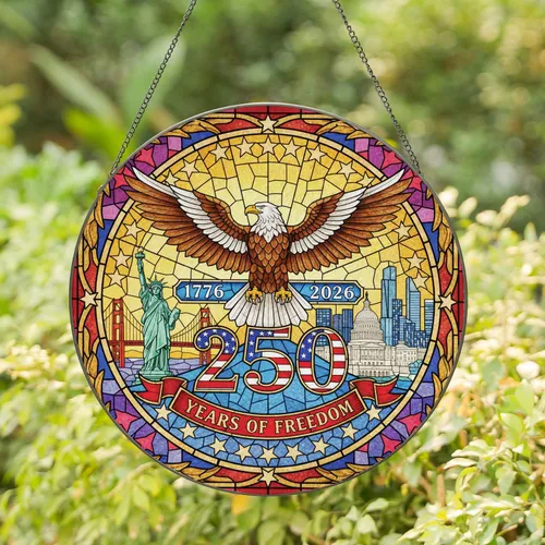 Bald Eagle Statue Liberty 250 Years Freedom - Independence Day Gift for Veterans Stained Glass Suncatcher