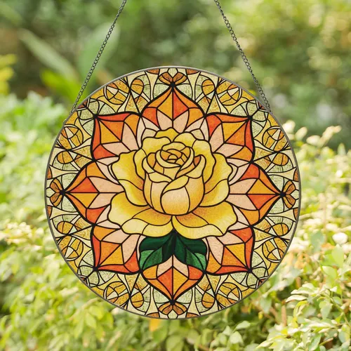 Golden Rose Five-Lobed Warm Toned Floral Stained Glass Mosaic Home Decor Gift Stained Glass Suncatcher
