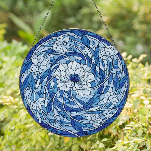 Grand Bloom Swirling Flower Petal Leaf Foliage Cabochon Mosaic Panel - Home Decor Gift Stained Glass Suncatcher
