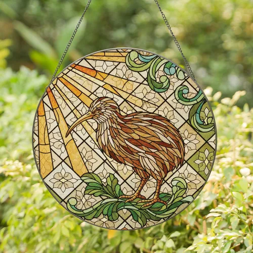 Kiwi Bird Long Beak Lush Foliage Sunbeams - Home Decor Gift for Bird and Wildlife Lovers Stained Glass Suncatcher