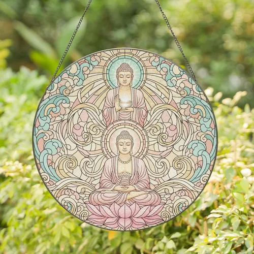 Stacked Buddhas Offering Bowl Pink Lotus Golden Ribbons - Spiritual Home Decor Gift for Meditation Stained Glass Suncatcher