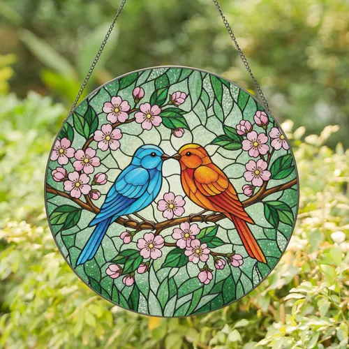 Blue Orange Songbirds Cherry Blossoms Foliage - Home Decor Gift for Bird Lover Stained Glass Suncatcher