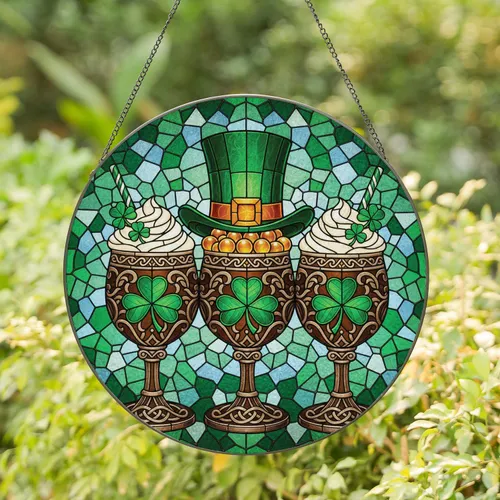 Ornate Festive St. Patrick's Day Goblets Leprechaun Hat Shamrocks - Holiday Decor Stained Glass Suncatcher