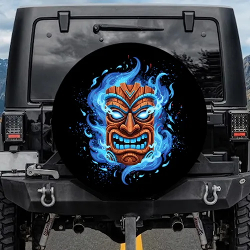 Tiki Mask Tribal Wood Carving Blue Fire Energy - Home Decor Gift Spare Tire Cover
