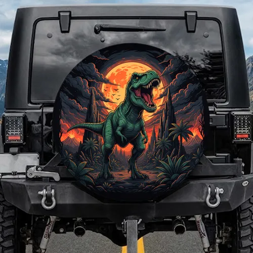 Roaring Green Tyrannosaurus Rex Orange Moon Prehistoric Jungle Landscape - Dinosaur Lover Gift Spare Tire Cover
