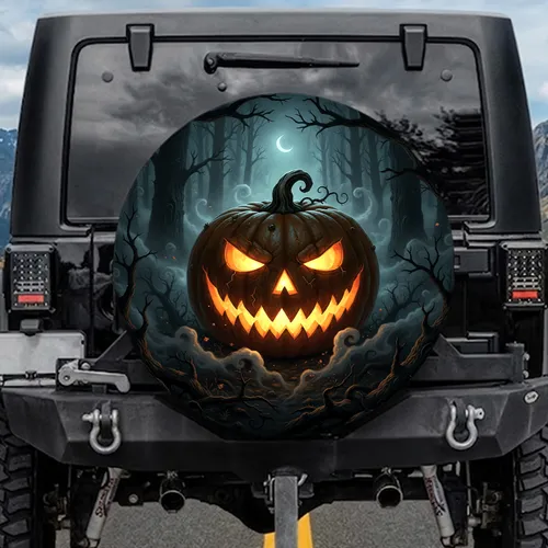 Menacing Jack-o'-Lantern Twisted Tree Branches Nocturnal Forest - Halloween Decor Spare Tire Cover