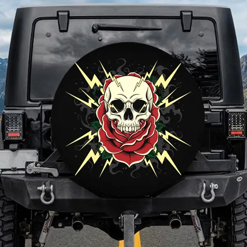 Human Skull Rose Lightning Thorns Smoke Mist - Gothic Home Decor Gift for Rock Music Fan Spare Tire Cover