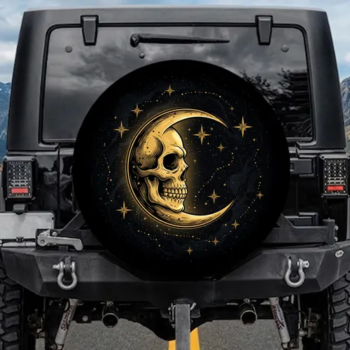Gold Crescent Moon Skull Stars - Cosmic Night Decor Gift for Mystery Lover Spare Tire Cover