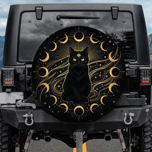 Black Cat Golden Eye Moon Phases Gold Stars - Cat Lover Home Decor Gift Spare Tire Cover
