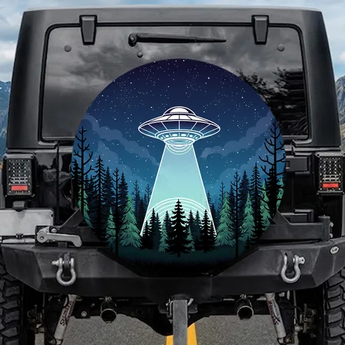 Flying Saucer UFO Tractor Beam Forest Night Sky - Space Lover Travel Gift Spare Tire Cover