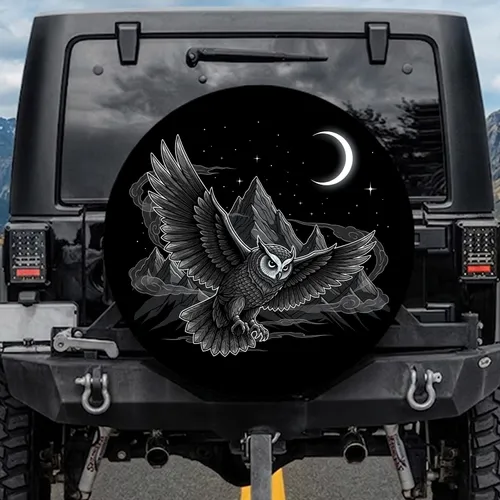 Majestic Owl Geometric Mountain Starry Night Crescent Moon - Nature Lover Gift Spare Tire Cover