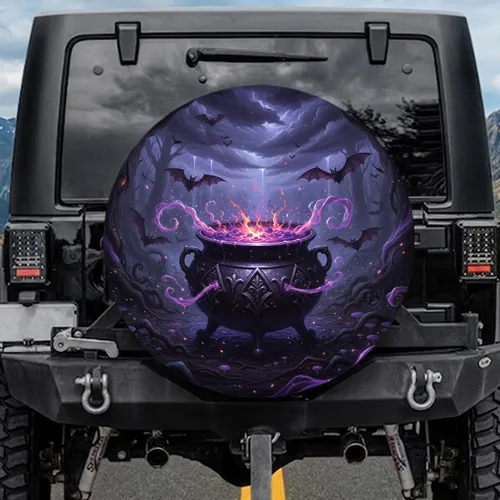 Ornate Dark Cauldron Glowing Potion Mystical Forest Bats - Fantasy Lover Gift Spare Tire Cover