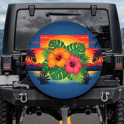 Hibiscus Palm Trees Tropical Sunset Landscape - Home Decor Gift Spare Tire Cover