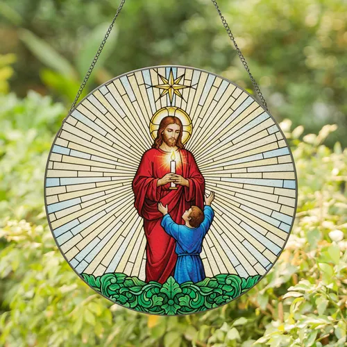 Jesus Child Candle Starburst Green Foliage - Spiritual Home Decor Gift for Believers Stained Glass Suncatcher