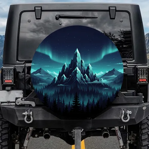 Mountain Peaks Pine Forest Night Sky Aurora - Outdoor Adventure Gift Spare Tire Cover