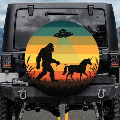 Bigfoot Unicorn UFO Sunset Sky - Outdoor Adventure Gift for Outdoor Enthusiasts Spare Tire Cover