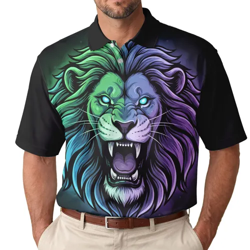 Roaring Lion Head Vibrant Split Color Fangs - Wildlife Lover Gift for Men Men's Polo Shirt
