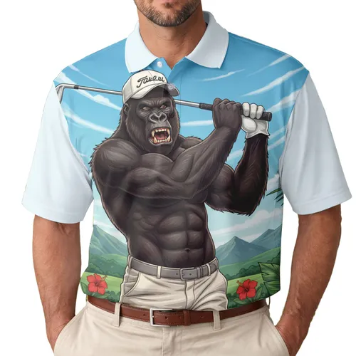 Gorilla Golfer Tropical Palm Fronds Flowers Mountains - Golf Lover Gift for Men Men's Polo Shirt