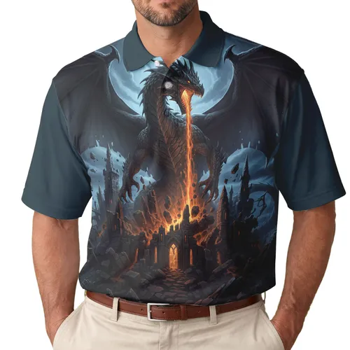 Fiery Lava Black Dragon Gothic Castle - Dark Fantasy Lover Gift Men's Polo Shirt
