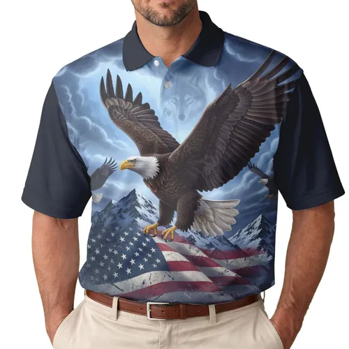 Bald Eagle American Flag Mountain Peaks Storm Sky - Independence Day Gift for Veterans Men's Polo Shirt