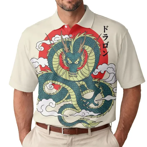 Japanese Dragon Red Disc White Clouds Japanese Script - Dragon Lover Everyday Gift Men's Polo Shirt